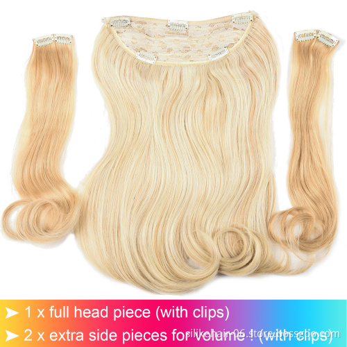 18 Inch 9 Clips Heat Resistant Invisible Wire Three HairPieces Long Wavy Shades of Fish Line Hair Synthetic Hair Extensions